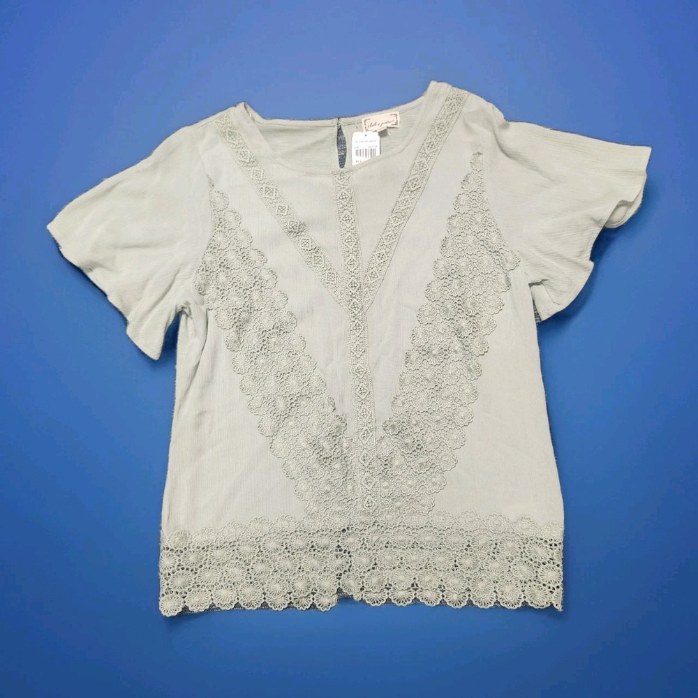 Cloth & Portrait Blouse‎ Womens S Sage Green Crochet Lace Flutter Sleeve Boho